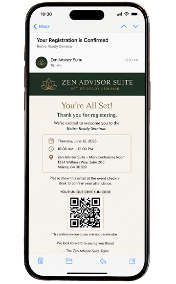 Retire Ready Seminar registration confirmation email with QR check-in code on phone