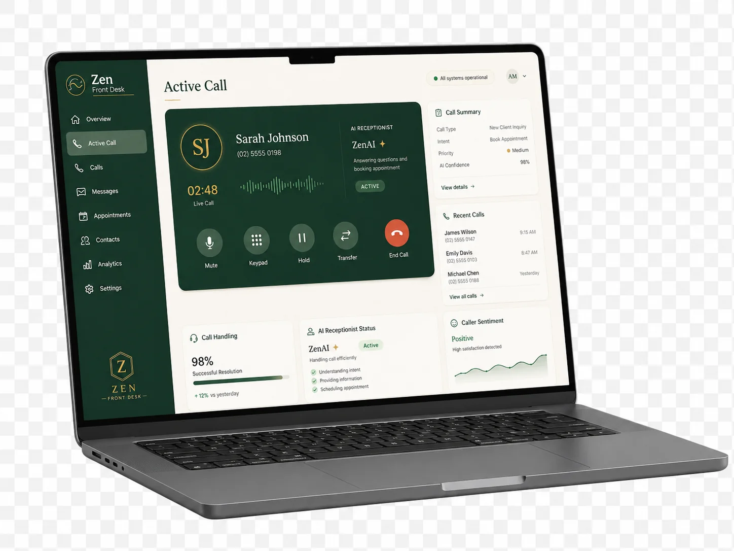 Zen Front Desk lead qualification dashboard on laptop