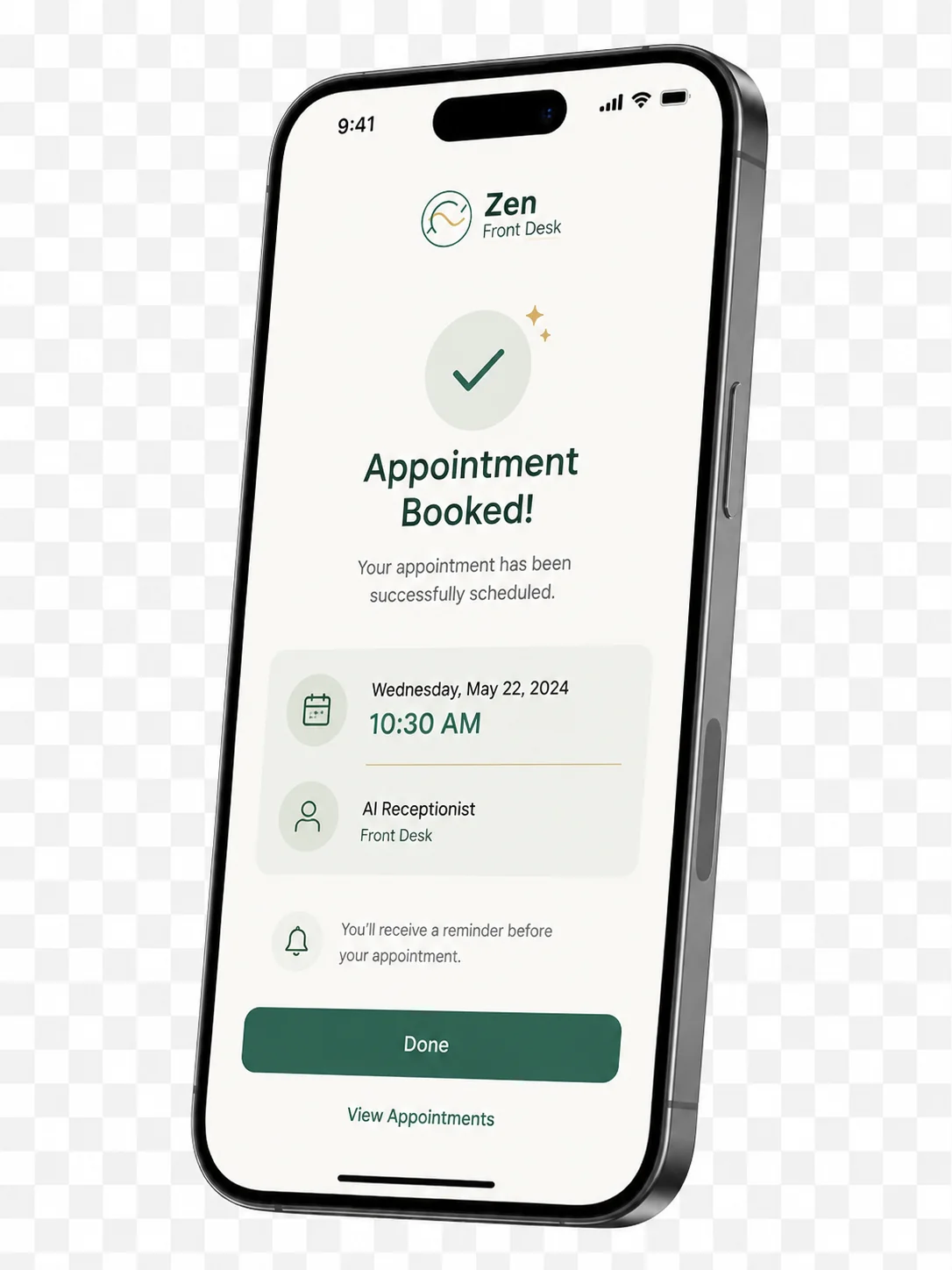Zen Front Desk appointment notification on phone