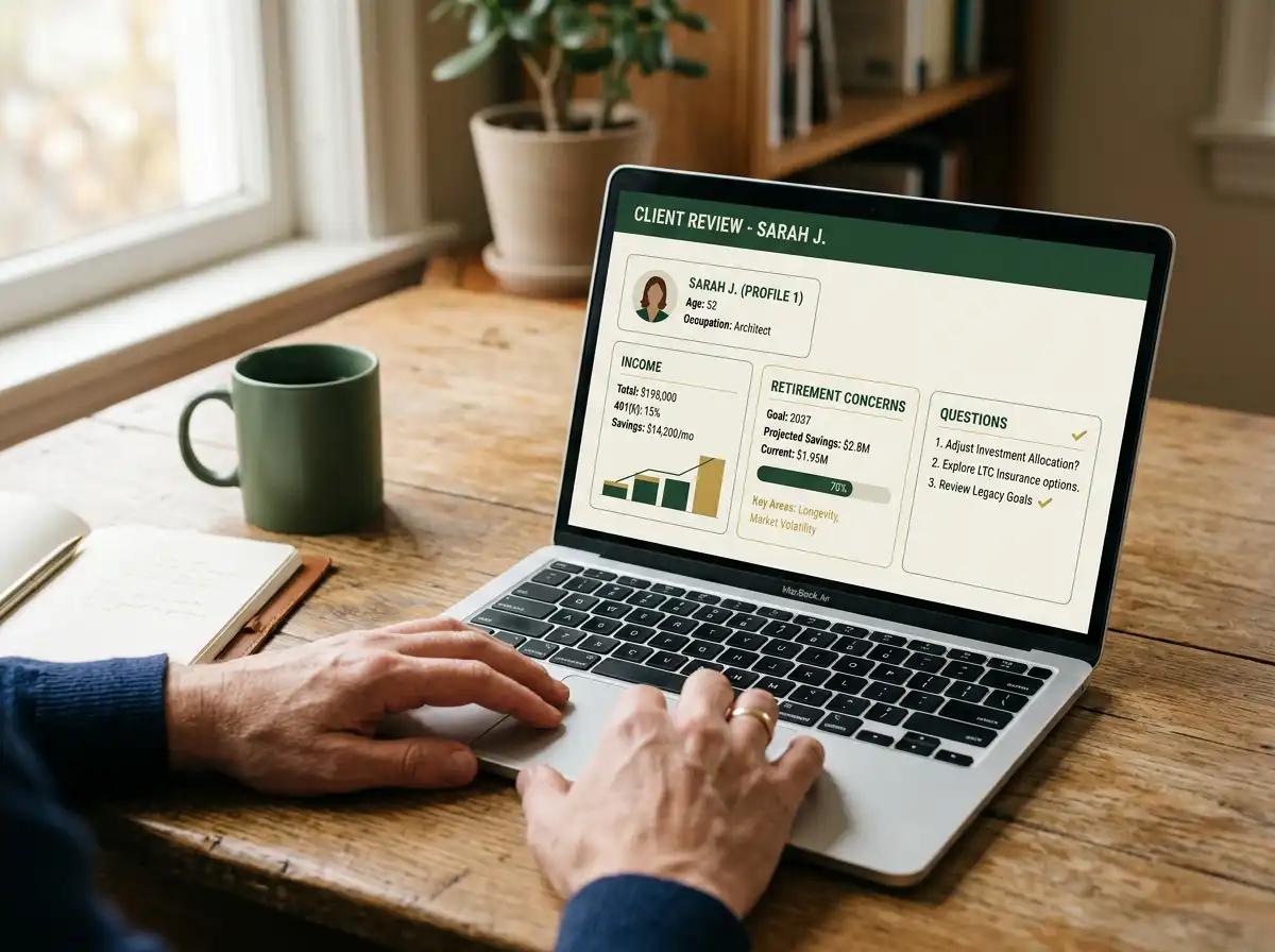 Advisor reviewing a pre-meeting client profile on a laptop, showing income, retirement concerns, and prospect questions