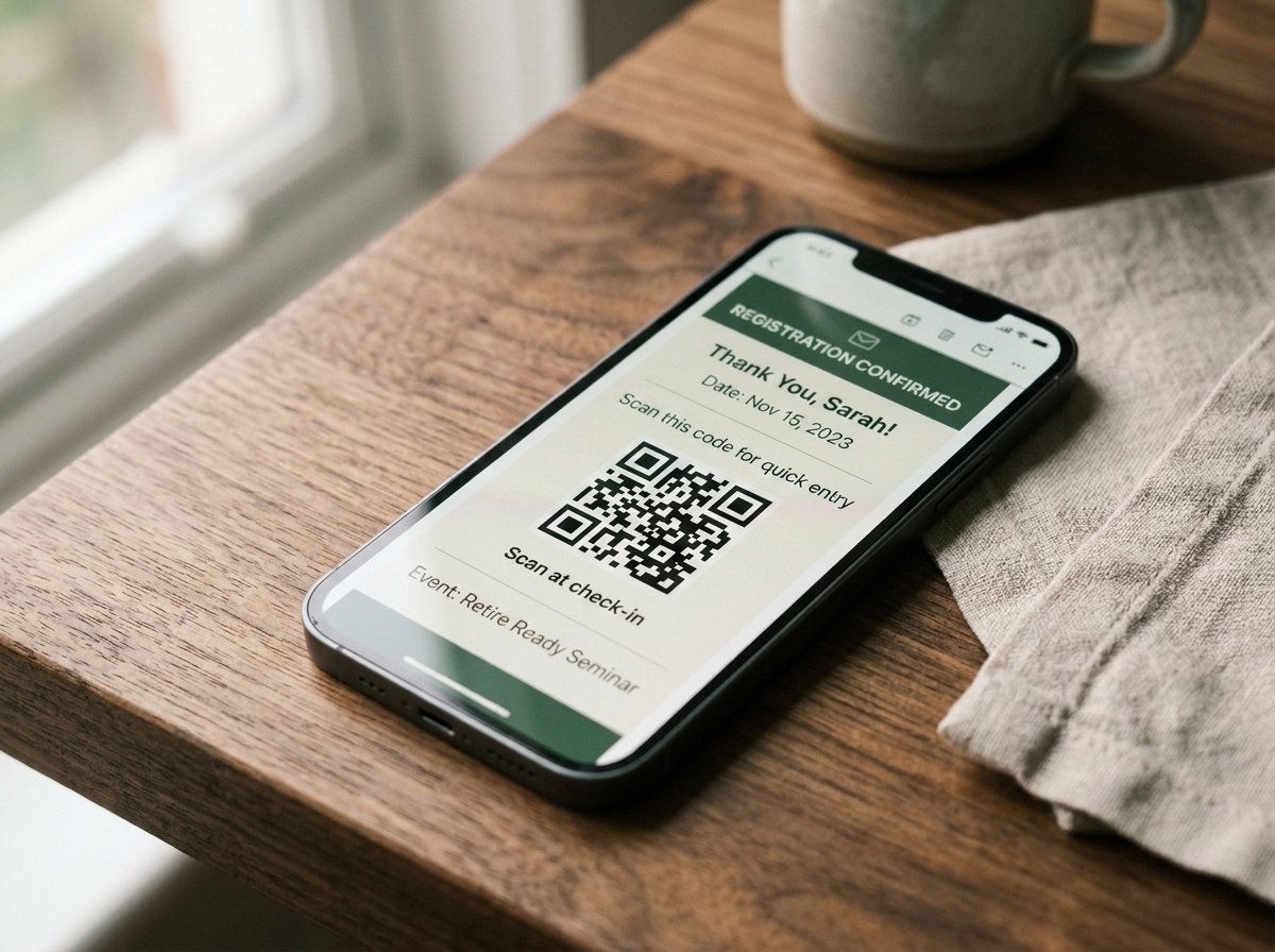 Phone screen showing a Retire Ready Seminar registration confirmation with a QR code for check-in